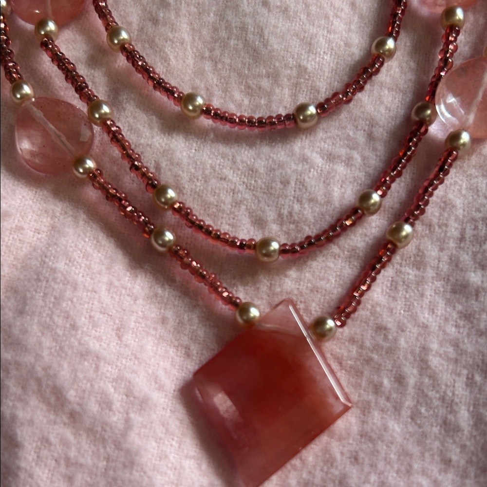 Pink Multi-Strand Beaded Necklace with Square Pendant 925 silver brooch